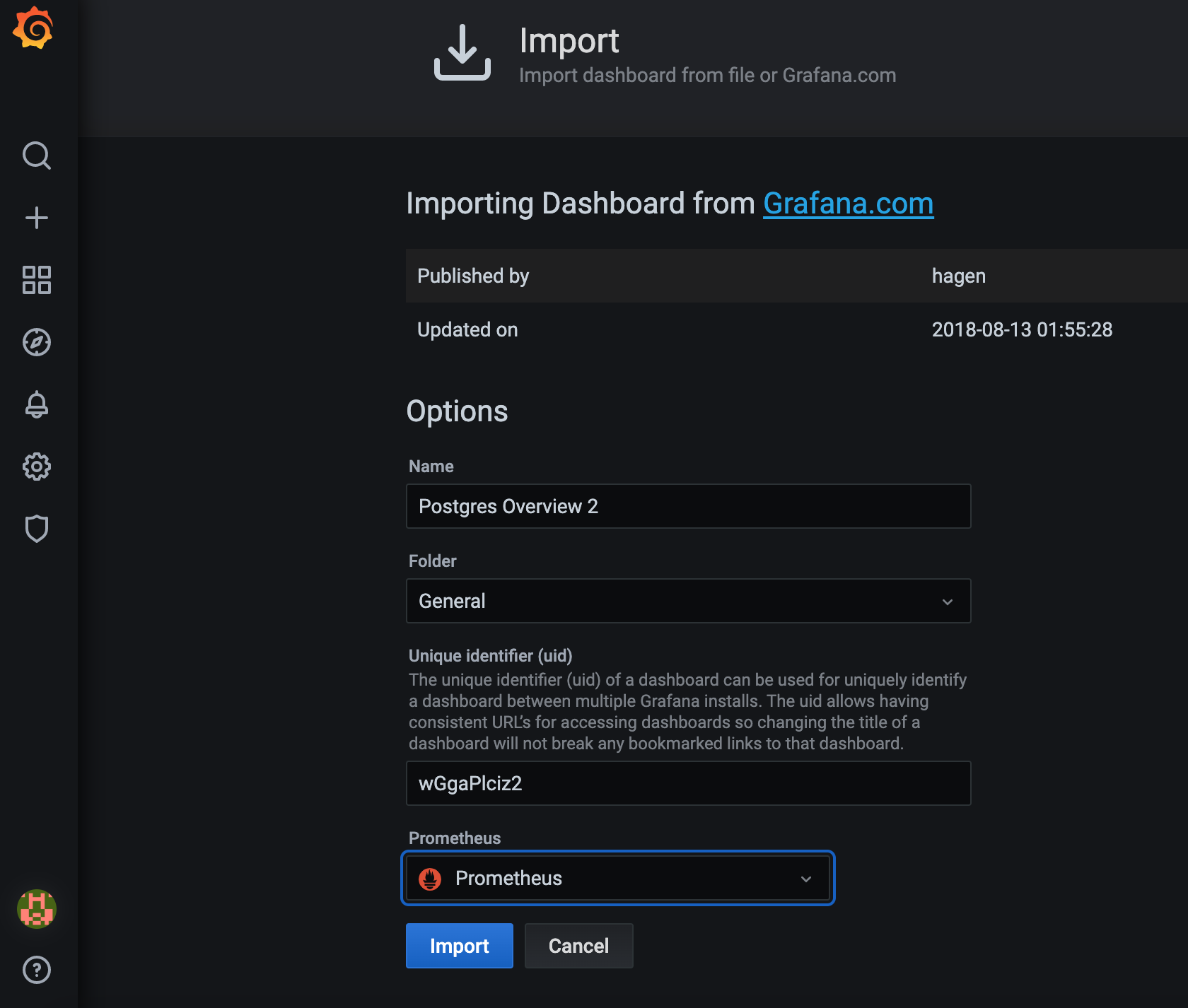 Importing a dashboard.
